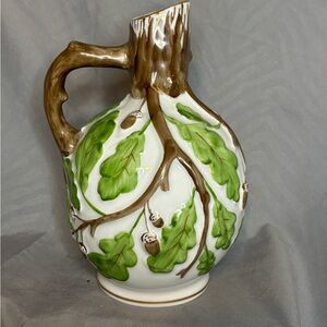 Vintage LFZ Mid 20th Century Green and Brown Porcelain Oak Design Pitcher